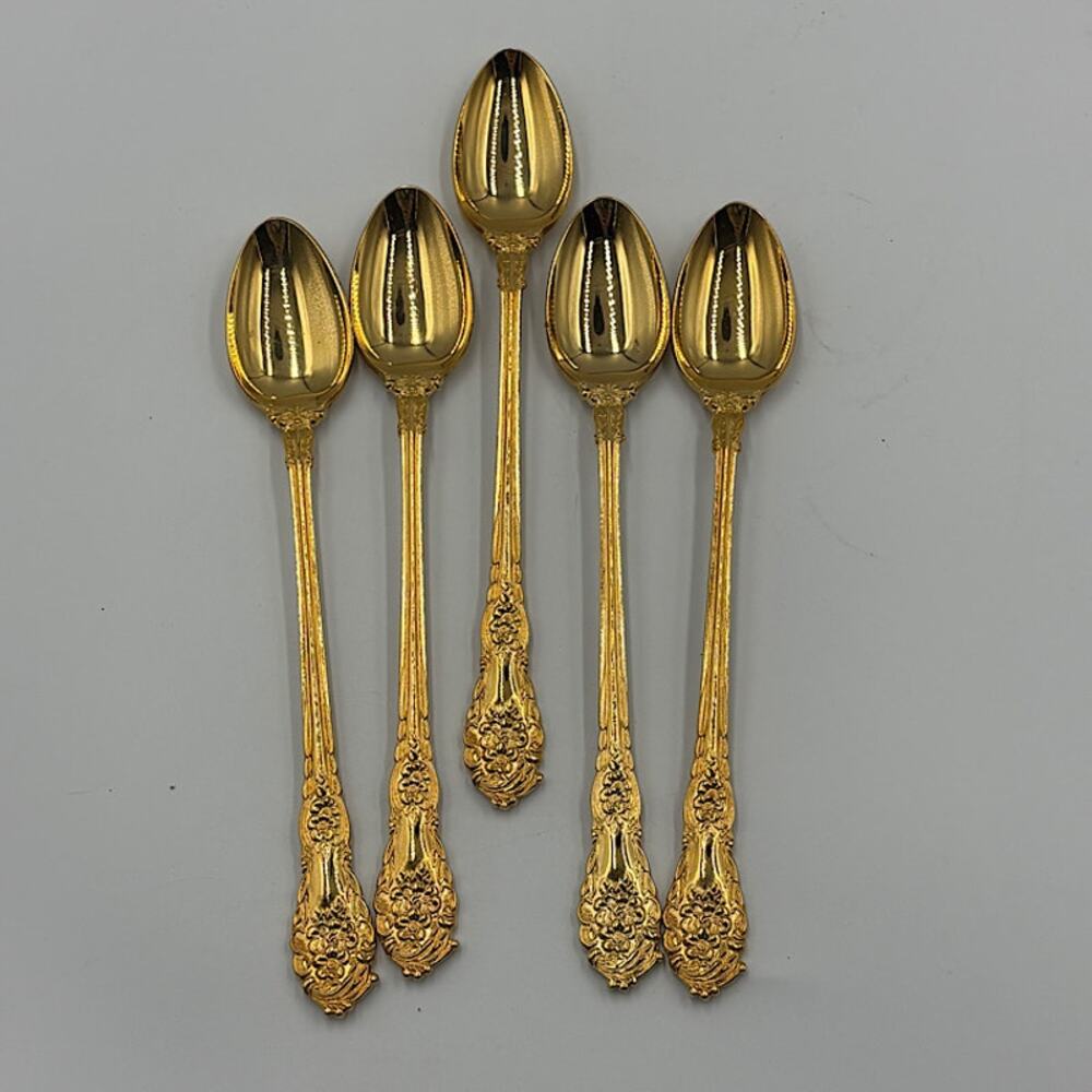 Bundle 5 Gold Electroplated Stainless Steel Flatware Teaspoons Spoons Long